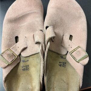 Birkenstock Blush Suede Slip-Ons with Gold Buckles
